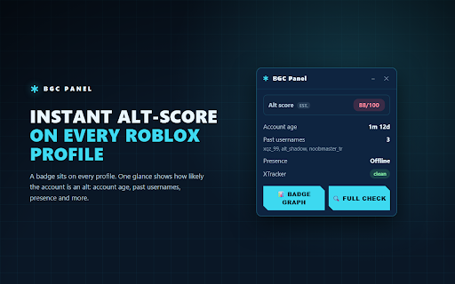 BGC Panel - Roblox Account Checker :: Instant Roblox account checks on profiles: alt score, account age, past usernames, badge history and full background checks.