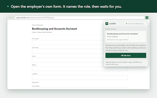 JobsDXB Form Filler :: Fills the employer's application form from your JobsDXB kit. Submits only on a run you start.