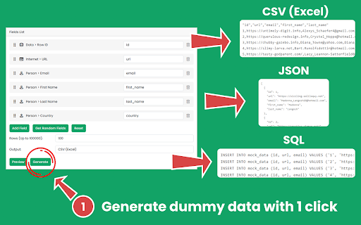 Mock data :: Produce mock data easily. Generate json, csv, and sql random sample data for testing and development with this dummy data generator