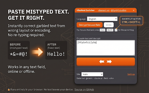 Keyboard Layout Switcher: Fix Mistyped Text · VibeNest :: Fix text typed in the wrong keyboard layout. 12 languages: Russian, Korean, Polish, Spanish + 8 more. Offline, open source.