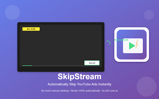 SkipStream - Auto Skip YouTube Ads :: Automatically clicks skip button on YouTube ads the moment it appears. Saves time and clicks!