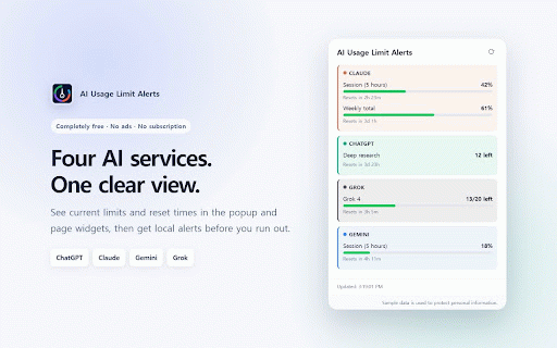 AI Usage Limit Alerts :: Track ChatGPT, Claude, Gemini, and Grok usage and reset times with local alerts. Completely free, with no ads or subscription.