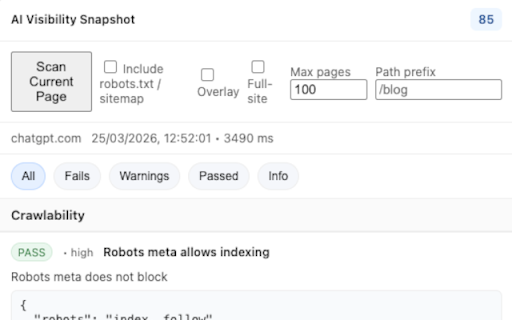 AI Visibility Snapshot :: AI Visibility Snapshot scans the website and checks how well it is set up for AI search, LLM visibility, and indexing signals.