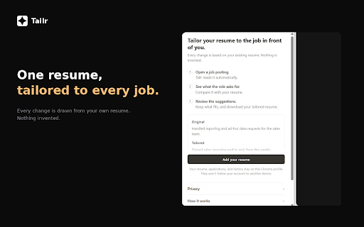 Tailr — Tailor Your Resume in Seconds :: Skip the resume rewrite. Tailr adapts your resume to every job in seconds, so you spend the time applying — not editing.