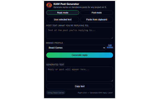KAM Post Generator :: Generate on-brand replies and standalone posts for X using customizable profiles, license keys, and credits.