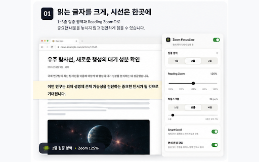 Zoom FocusLine :: Zoom FocusLine은 웹페이지에서 읽는 1~3줄에 집중하고 비파괴 글자 확대와 가독성 조절, 자동스크롤과 이어읽기를 지원하는 독서 보조 확장 프로그램입니다.