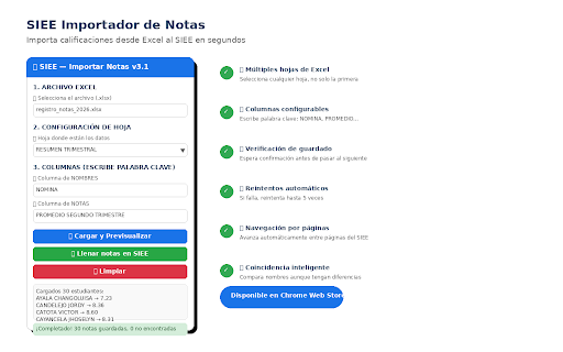 SIEE Importador de Notas :: Importa notas desde Excel al SIEE automaticamente. Soporta múltiples hojas, columnas configurables y verificación de guardado.