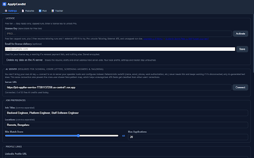 ApplyCandid :: AI-powered job application assistant for LinkedIn, Indeed, and Naukri. Auto-scores, tailors resume, and applies to matching jobs.