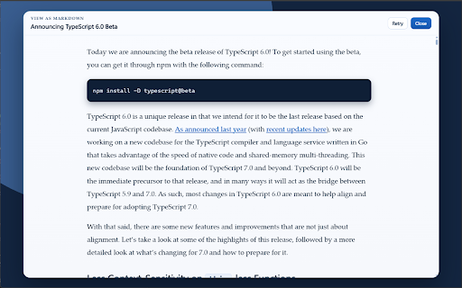 View as Markdown :: Extract web page content and display it as Markdown in an in-page reader.