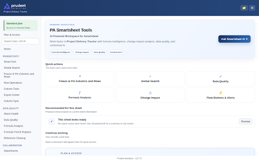 PA Smartsheet Tools :: AI-Powered Workspace for Smartsheet. Find broken formulas, fix data quality, and send any row to Power Automate.