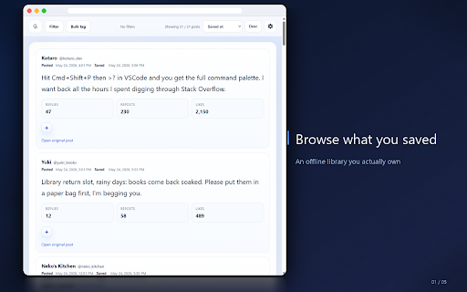 Offline X Archive :: Save X posts to a fully offline, on-device archive. Browse and search what you saved later, with no account and no servers.