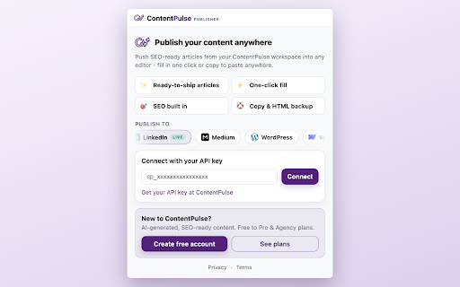 ContentPulse: AI SEO Content Writer & Publisher :: Fetch SEO-ready content from ContentPulse and auto-fill it into your publishing editor to review and publish in one click.