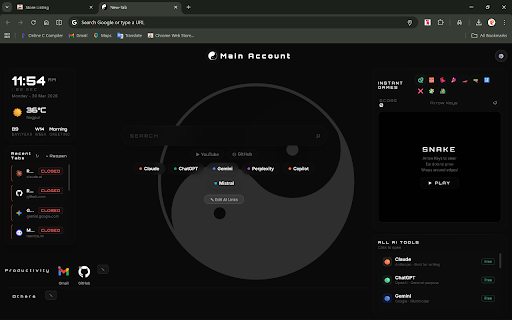 BalanceTab — Gamer + Office :: New tab page with clock, weather, search, games, AI links & recent tabs.