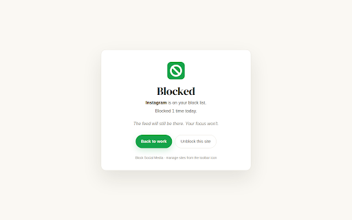 Block Social Media – Social Media Blocker :: Block social media with one click. One button blocks Facebook, Instagram, TikTok and 15 more distracting sites. Free, no tracking.