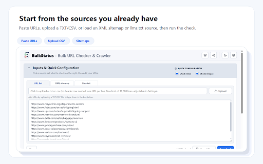 BulkStatus - Bulk URL Checker & Crawler :: Crawl and bulk-check URLs for status codes, broken links, redirects, images, and SEO metadata from a sitemap, llms.txt, or list.