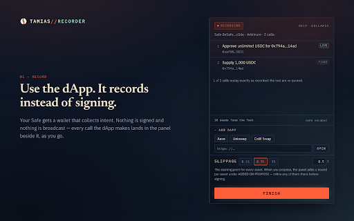 Tamias Recorder :: Record what you do in a dApp as a Safe batch, instead of sending it on-chain.