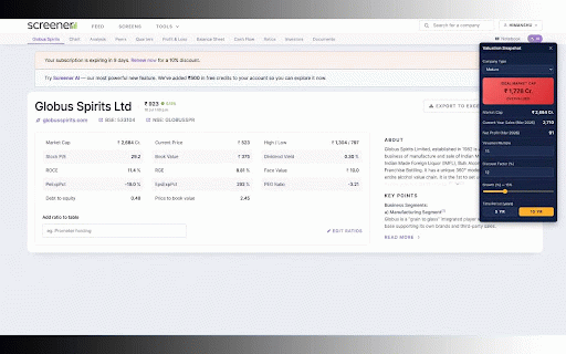 Screener.in Valuation Overlay :: Shows Market Cap, Sales, Net Profit, and a calculated Ideal Market Cap as an overlay on Screener.in company pages.