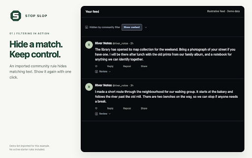STOP SLOP :: Automatically check posts and articles for AI signals. Choose Review, Mark, Collapse or Hide. Cloud checks use cached text reviews.