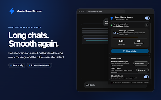 Gemini Speed Booster – Fix Lag in Long Chats :: Speed up slow, laggy Gemini conversations. Reduce typing and scrolling lag in long chats while keeping every message intact.