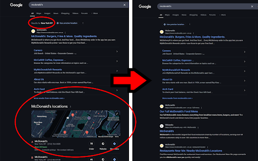 Hide Google Maps Results :: Hides the map/location box and 'Results for ...' text on Google search pages (most TLDs).