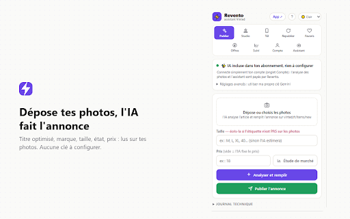 Revento - Assistant de vente Vinted :: Ta boutique Vinted en pilote automatique : annonces générées par l'IA, republication, réponses aux favoris et offres gérées seules.