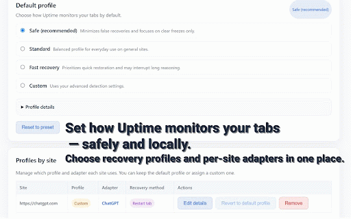 Uptime Monitor – Keep Tabs Responsive :: Keep selected tabs responsive with auto‑recovery when pages freeze or stall. All local, no account, no tracking.