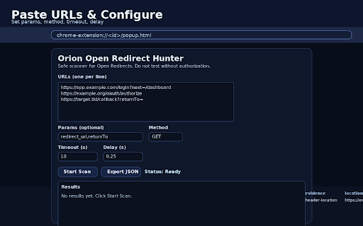 Orion Open Redirect Hunter :: Automated, safe scanner for Open Redirect vulnerabilities. Does not follow redirects; records Location/meta/JS evidence.