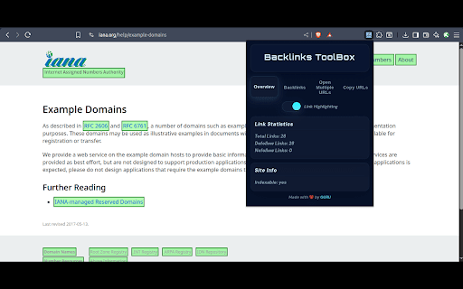 Backlinks ToolBox – Dofollow Backlink Checker & more :: Highlights dofollow (green) & nofollow (red) links, checks indexability, bulk open/copy URLs, and checks external backlinks.