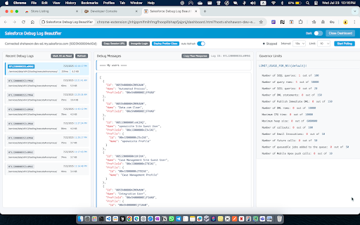 Salesforce Debug Log Beautifier :: Beautify Salesforce debug logs with syntax highlighting, clear JSON formatting, and smart real-time polling.