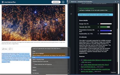 Spectrue — Analytical Fact Evaluation :: Browser extension demonstrating analytical fact evaluation with explicit uncertainty and evidence-based reasoning.