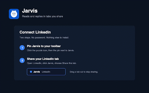 Jarvis :: Let Jarvis read and reply in tabs you share with it. Shared tabs sit in a coloured group; drag a tab out to stop sharing.