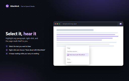 Text to Speech Reader - WiserWork :: Select text on any page, right-click, and hear it read aloud. Choose the voice and fine-tune speed, pitch and volume.