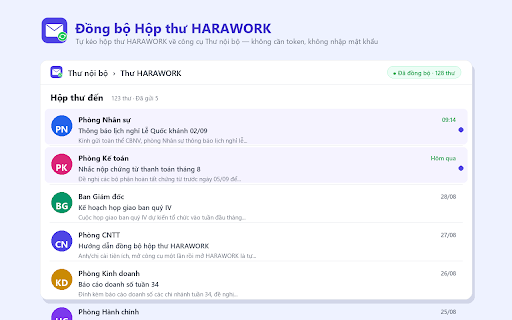 Tiến Thọ — Đồng bộ Hộp thư HARAWORK :: Tự kéo hộp thư HARAWORK về công cụ Thư nội bộ. Không cần dán token, không cần nhập mật khẩu.