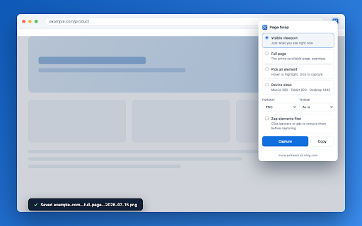 Page Snap — Full Page Screenshot & Element Capture :: Capture the visible viewport, the entire page, an element, or mobile/tablet/desktop sizes. Save as PNG, JPG, or PDF in one click.