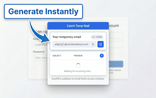 Catch Temp Mail :: Disposable email inbox with popup access and email autofill support across websites.