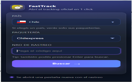 FastTrack :: Selecciona paquetería, pega el número de rastreo y abre el tracking oficial.