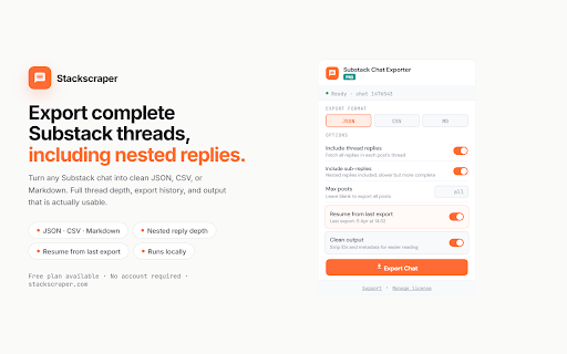 Substack Chat Exporter by Stackscraper :: Export Substack chat threads, replies, and sub-replies from the current page to JSON, CSV, or Markdown.