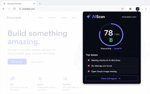 AIScan — AI Readiness Checker :: Scan any site for AI-agent readiness. Get an instant score, grade, and the top fixes — without leaving the page.