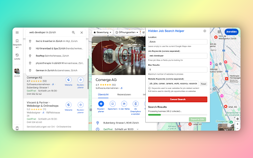 Hidden Job Search Helper :: Find hidden job opportunities on business websites via Google Maps, tailored to your location, and export results to CSV.