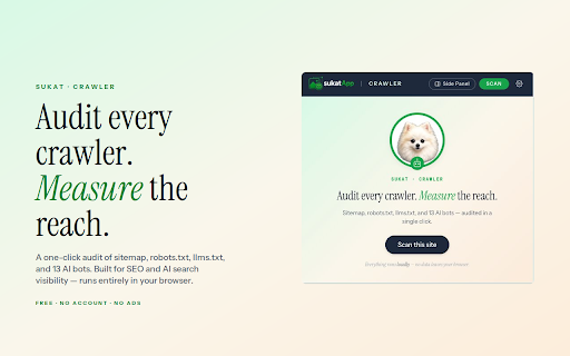 Sukat Crawler — Sitemap & Robots Audit :: Audit the crawl layer of any site — sitemap, robots.txt, llms.txt, AI bot access, and URL health. By Sukat App.