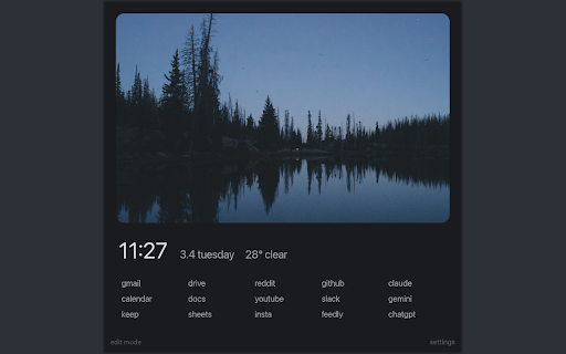 New Tab :: Simple, yet customizable new tab with time, date, weather, and bookmarks — all with flexible appearance options.