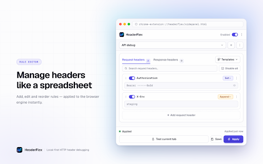 HeaderFlex - Modify HTTP Requests :: ModHeader alternative: modify headers, redirect/block, mock APIs, inspect rule hits, re-inject responses. 100% local, zero upload.