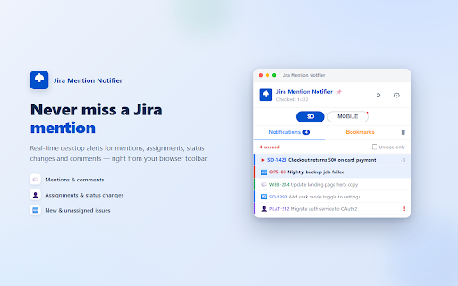 Jira Mention Notifier :: Real-time Jira alerts for @mentions, assignments, status changes, comments & watched issues — right in your browser.