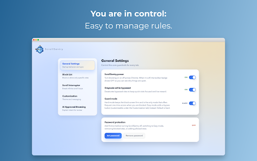 ScrollSentry :: Block distracting sites, interrupt endless scrolling, and make your browsing more deliberate.