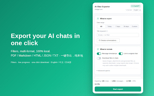 AI Chat Exporter :: Export your AI chat history to PDF, Markdown, HTML, JSON or TXT. Filter, preview and save. 100% local, nothing leaves your device.