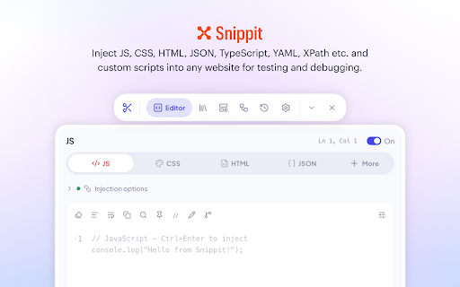 Snippit - Snippet Injector :: Inject JS, CSS, HTML, JSON, TypeScript, YAML, XPath etc. and custom scripts into any website for testing and debugging.