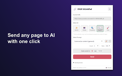 ENUF AILinkPad :: Send any web page URL with custom prompts (placeholder support) to 5 AI services in one tap. No ads, completely free.