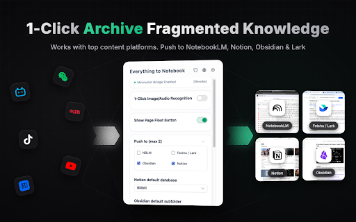 Everything to Notebook :: Extract text, subtitles, and images from authorized sites and sync to NotebookLM, Feishu/Lark, Notion, or Obsidian.