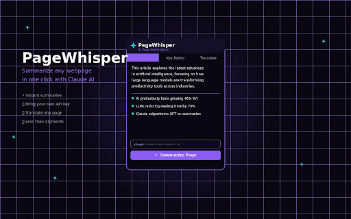 PageWhisper – AI Page Summarizer :: Summarize, translate and extract key insights from any webpage in one click. Powered by Claude AI.