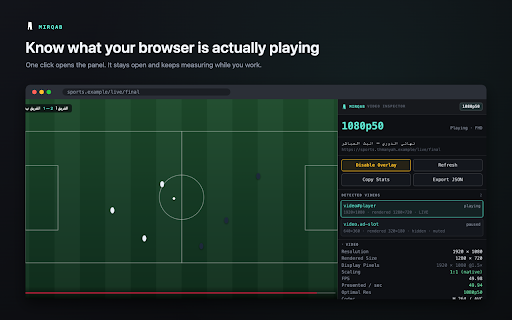 Mirqab - Video Playback Inspector :: A watchtower over your video playback: real resolution and FPS, dropped frames, buffer, live latency, codec, DRM and CDN.